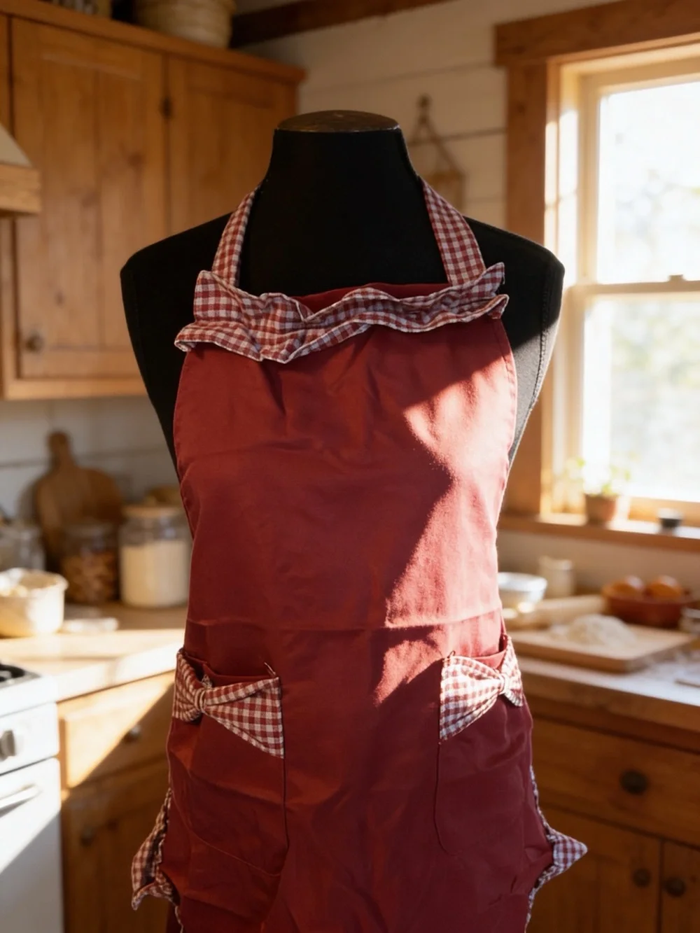 Rust Red Check Ruffle Kitchen Apron with Pockets - Picture 2 of 5